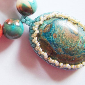 Gemstone Pendant, Gemstone Necklace Pendant, Ghost Eye Jasper Pendant, Seed Bead Pendant, Beaded Necklace Pendant, Southwest Color Pendant