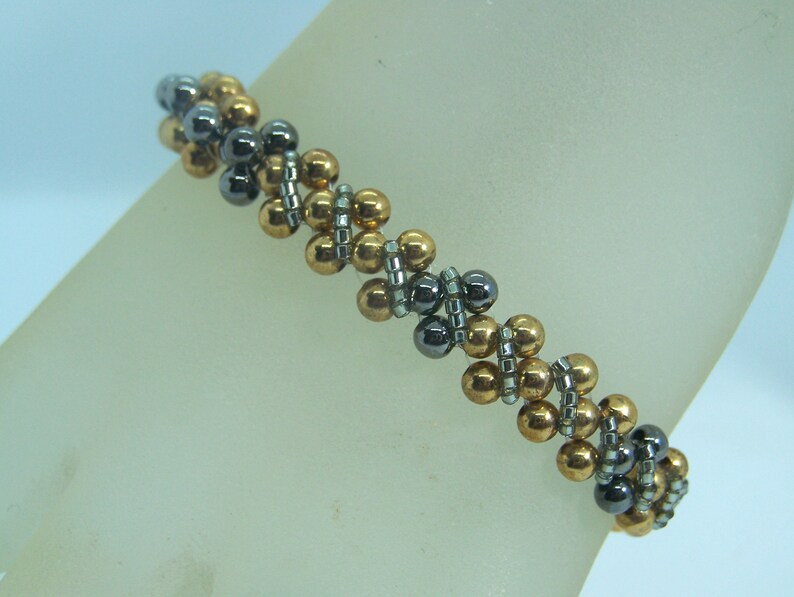 Bead Woven Bracelet, Beadweaving Jewelry, Gunmetal and Gold Bracelet, Bracelet for Her, Metal Bead Bracelet, Unique Beaded Bracelet for Her image 8