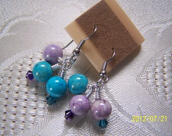 Earrings Wire Wrapped Riverstone Beads and Swarovski Crystal  Clearance