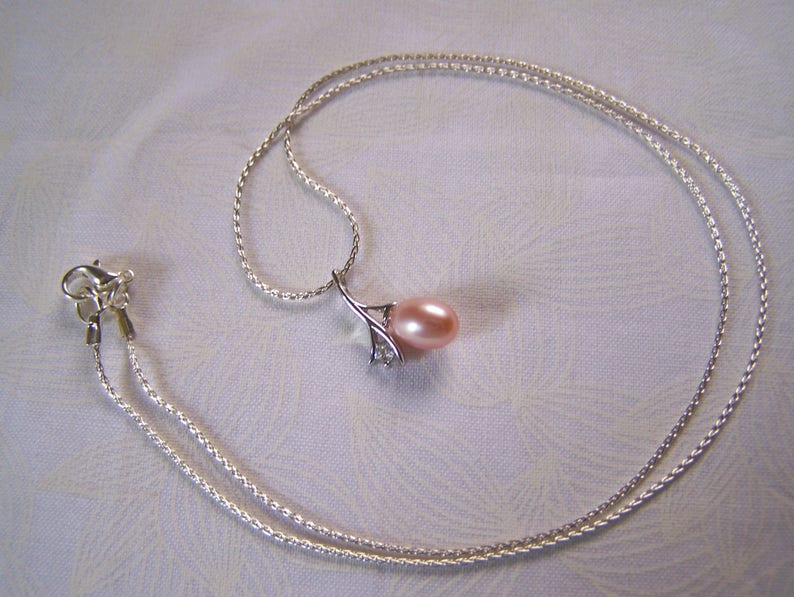 Genuine Pearl Pendant Dainty Pearl Pendant Peach Color Pearl Pendant Sterling Silver Pearl Setting Real Pearl Pendant with Setting
