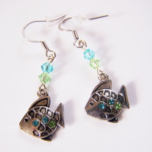 Silver Fish Earrings, Fish Charm Earrings, Fish Charms with Swarovski Crystals, Earrings for Women, Earrings for Sensitive Ears, Beach Earr
