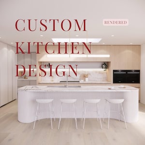May include: A modern kitchen design with the text "CUSTOM KITCHEN DESIGN" in a burgundy font. The kitchen features a white island with four white stools, light wood cabinetry, and a marble countertop. The word "RENDERED" is in the top right corner.