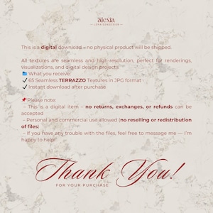 May include: A digital download graphic with the text "alexia -LEMAISONDESIGN-". The image includes a list of what the buyer receives: 65 Seamless TERRAZZO Textures in JPG format and instant download after purchase. The words "Thank You!" are also visible.