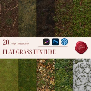 Könnte beinhalten: Eine Sammlung von 20 hochauflösenden flachen Grastexturen. Das Bild zeigt verschiedene natürliche Bodenbeläge, darunter Gras, Erde und Blätter. Die Texturen eignen sich für digitale Kunstprojekte. Der Text "FLAT GRASS TEXTURE" ist ebenfalls enthalten.
