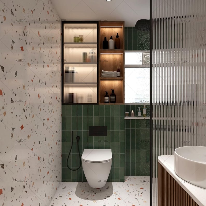 May include: A modern bathroom with a white toilet, green tiled wall, and a wooden cabinet with glass shelves. The walls are decorated with a terrazzo pattern. The room features a white sink and a glass shower door.
