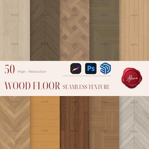 May include: A digital product showcasing 50 high-resolution wood floor seamless textures. The image displays various wood grain patterns, including herringbone and plank designs, in shades of light to dark brown. The text "WOOD FLOOR SEAMLESS TEXTURE" is visible.