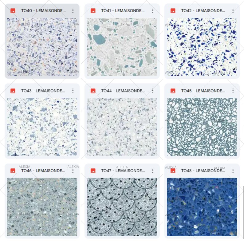 May include: Nine different terrazzo tile designs are displayed, each with a unique pattern and color scheme. The tiles feature various colors, including white, blue, gray, and green, with speckled and patterned designs. The text "TO40 - LEMAISONDE..." is visible on each tile.