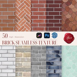 Puede incluir: Un gráfico de arte digital que presenta una variedad de texturas de ladrillo sin costuras en diferentes colores y patrones. La imagen incluye el texto "50 High-Resolution BRICK SEAMLESS TEXTURE" e iconos para Procreate, Photoshop y software 3D.