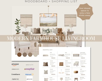 Op de afbeelding: Een moodboard en een boodschappenlijst voor een moderne boerderijwoonkamer. De afbeelding toont een neutraal kleurenpalet met meubels en decoratie, waaronder een bank, kussens, een plaid en een accentstoel. De tekst "Your dream space is only a few clicks away" is ook zichtbaar.