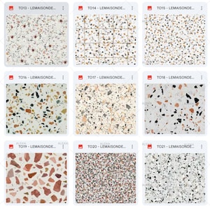 May include: Nine images showcasing various terrazzo tile designs. Each tile features a unique pattern of speckled aggregates in colors like white, black, brown, and red. The tiles are labeled with codes and the brand name.