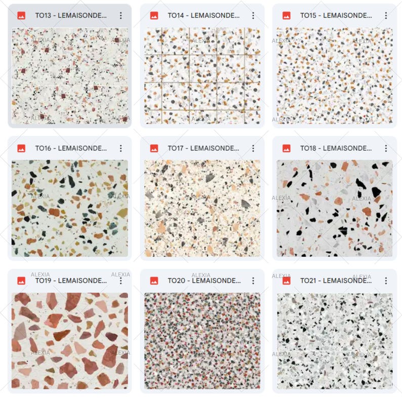 May include: Nine images showcasing various terrazzo tile designs. Each tile features a unique pattern of speckled aggregates in colors like white, black, brown, and red. The tiles are labeled with codes and the brand name.