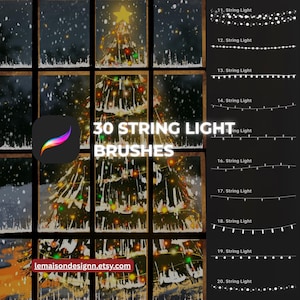 Pode incluir: Pincéis de arte digital para Procreate, com 30 designs de luzes de corda. A imagem mostra uma ilustração de uma árvore de Natal com uma estrela, vista através de uma janela com neve a cair. O texto diz "30 String Light Brushes".