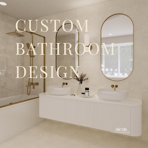 Puede incluir: Diseño de baño moderno con un tocador blanco con dos lavabos sobre encimera, grifería dorada y espejos ovalados. La ducha y la bañera tienen herrajes dorados. Se muestra el texto "CUSTOM BATHROOM DESIGN".