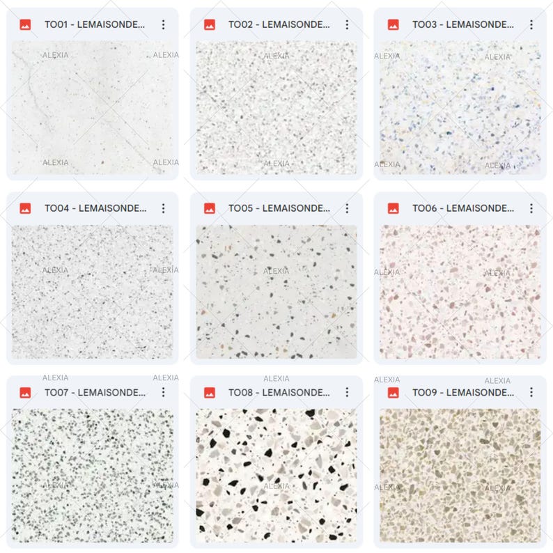 May include: Nine different samples of terrazzo tile patterns. Each tile has a unique design with varying colors and sizes of aggregate. The tiles are labeled with codes and the brand name "ALEXIA".