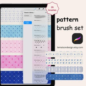Pode incluir: Um conjunto de pincéis de padrões digitais exibido na tela de um tablet. A tela mostra vários designs de padrões, incluindo bolinhas, estrelas e pegadas. O texto "pattern brush set" é visível, juntamente com o URL da loja Etsy.