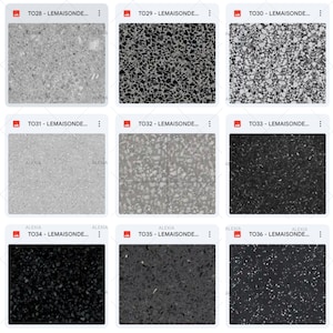 May include: Nine samples of stone or tile with various speckled patterns. The samples range in color from light gray to black, with different sizes and densities of speckled aggregate. Each sample has a label with the text "LEMAISONDE..."