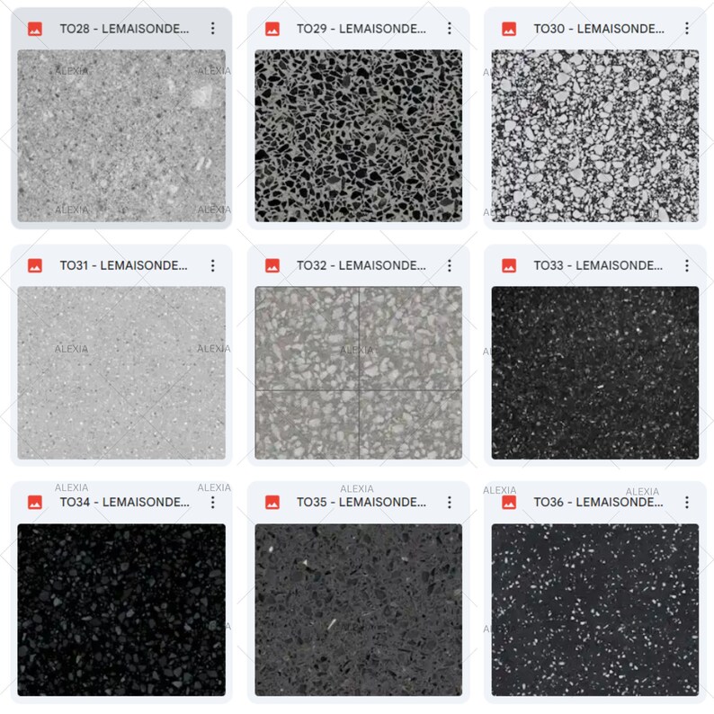 May include: Nine samples of stone or tile with various speckled patterns. The samples range in color from light gray to black, with different sizes and densities of speckled aggregate. Each sample has a label with the text "LEMAISONDE..."