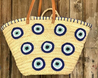 Handwoven Evil Eye Straw Tote Bag | Boho Summer Beach Bag with Leather Handles | Mediterranean Nazar Charm Purse
