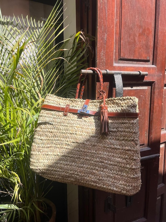 handmade moroccan straw tote bag; large woven basket ; boho market bag
