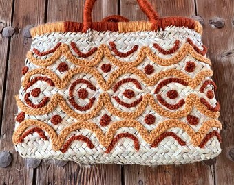 Handmade Moroccan Straw Tote Bag – Boho Woven Basket with Wool Embroidery