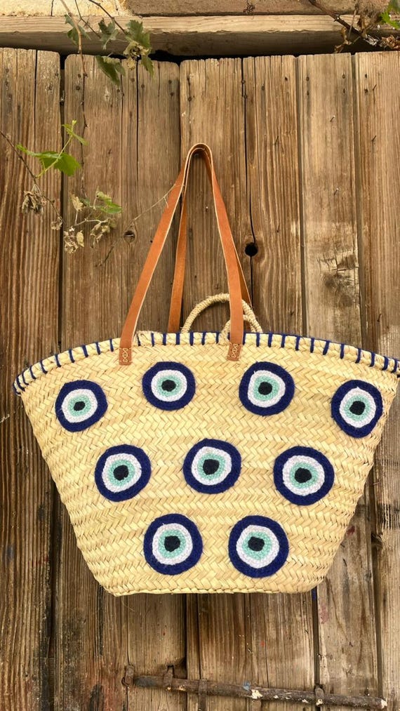 Handwoven Evil Eye Straw Tote Bag Boho Summer Beach Bag With