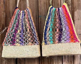 Colorful Macramé Market Bag – Boho Straw Shoulder Bag, Woven Beach Tote, Handmade Rainbow Net Bag, Summer Festival Purse