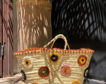 Colorful Crochet Straw Tote | Handmade Boho Market Bag | Woven Summer Beach Bag