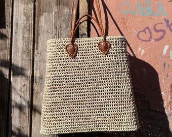 Handmade Straw Tote Bag with Leather Handles – Boho Summer Beach Bag – Moroccan Handwoven Basket