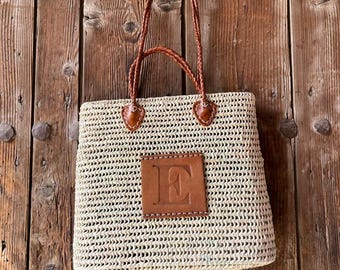 Handmade Moroccan Straw Tote Bag with Leather Personalization – Custom Initial Basket