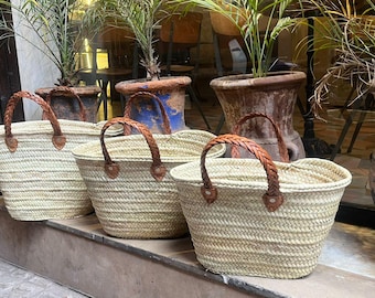 Handwoven Palm Leaf Market Basket with Braided Leather Handles – Rustic Moroccan Tote