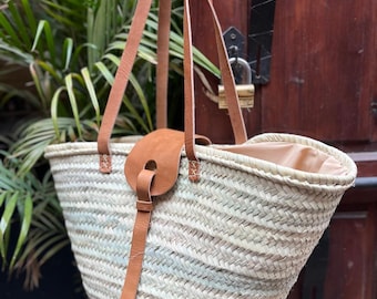 hand woven, palm leaf tote bag with leather straps, artisan market basket, moroccan basket