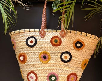handwoven straw basket with colorful, crochet circles, boho market tote, beach bag