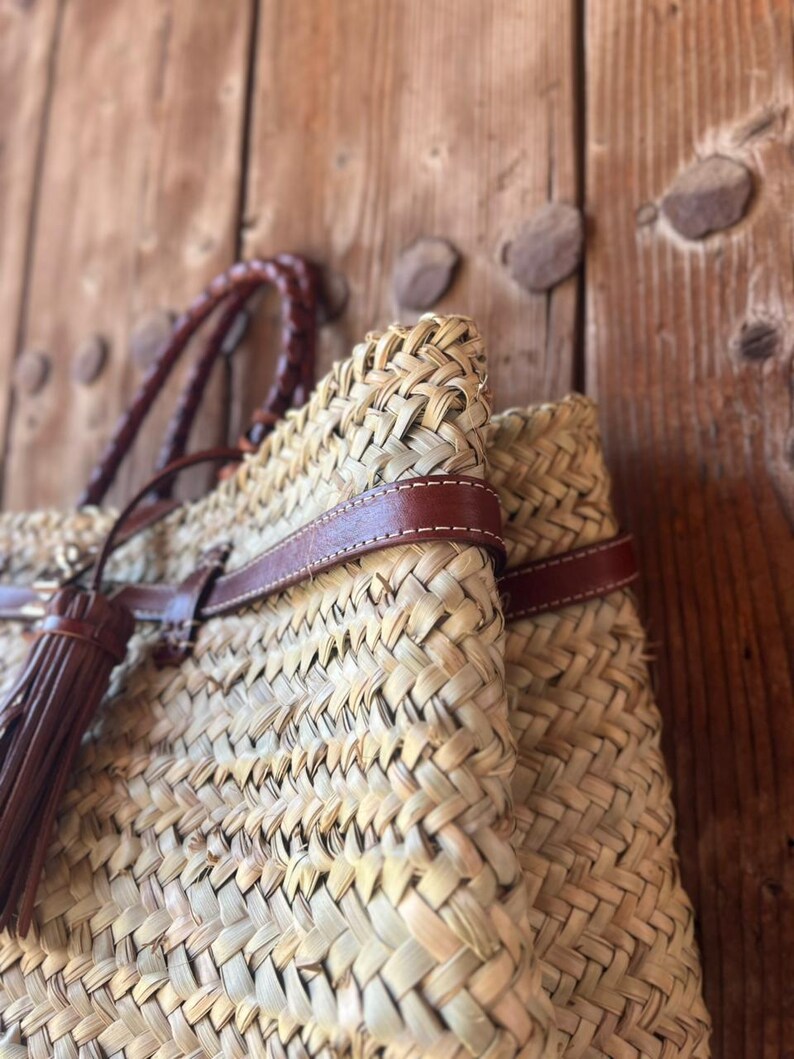 handmade moroccan straw tote bag; large woven basket; boho market bag image 3