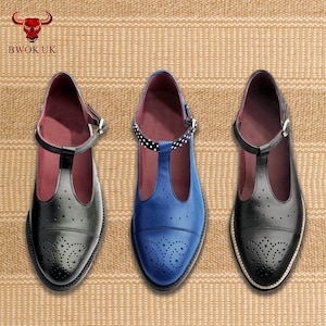 Mary Jane Leather T-Bar Shoes – Women’s Vintage Flats, Handmade Retro Swing Shoes, Delicate Brogues, Fully Customizable Shoes