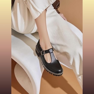 Vintage Black Leather Mary Jane T-Strap Chunky Heels 4cm Dress Shoes Retro Dancing Shoes Gift For Her Mom & Daughter Shoes