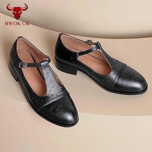 Retro Style Black Brogue Leather Mary Jane Shoes – Women’s T-Bar Flats, Genuine Leather Vintage Swing Shoes, Matching mom and daughter shoes