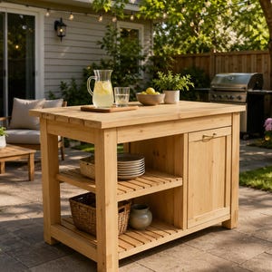 May include: A light-coloured wooden outdoor kitchen island featuring a rectangular countertop, two open slatted shelves for storage, and a single cabinet door with a metal handle. The island is positioned on a stone patio in an outdoor setting.