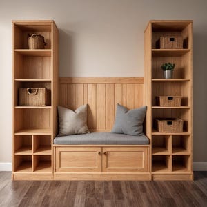 May include: A wooden entryway storage unit with built-in bench seating, two bookshelves, and a back panel. The unit features a light wood finish, gray cushions, and woven baskets for storage. A small potted plant sits on one of the shelves.
