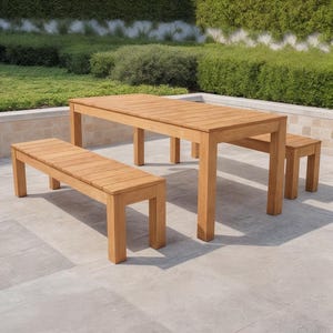 May include: A light brown wooden outdoor dining set. The set includes a rectangular table and two benches. The table is approximately 72 inches long, 36 inches wide, and 30 inches high. The benches are about 48 inches long, 14 inches wide, and 18 inches high.