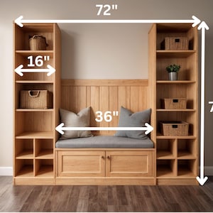 May include: A wooden built-in storage unit with shelves, a bench, and cabinets. The unit is 72 inches tall and 72 inches wide, with a bench that is 36 inches wide. The shelves are 16 inches wide. Wicker baskets and a small plant are displayed on the shelves.