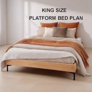 Plano de cama King con plataforma para armar uno mismo, cama King con plataforma sencilla, cama con plataforma sólida, cama de perfil bajo, marco de cama, planos de carpintería