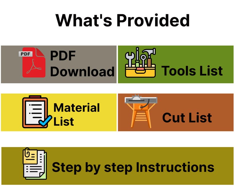 May include: Graphic with the text "What's Provided" and icons representing a PDF download, tools list, material list, cut list, and step-by-step instructions. The icons are on colored rectangular backgrounds.