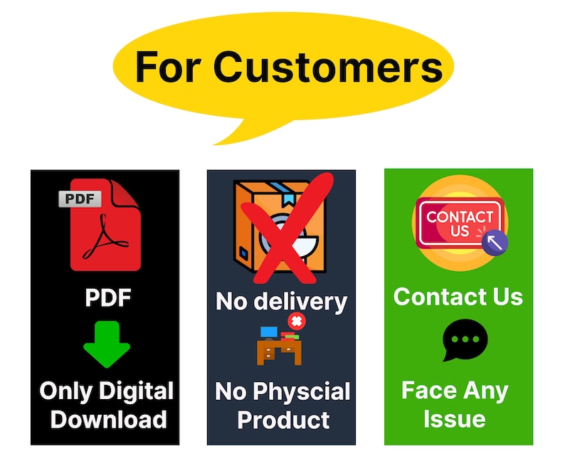 May include: Image with three informational icons. The first icon shows a PDF document with the text "PDF" and "Only Digital Download". The second icon shows a package with a red "X" and the text "No delivery" and "No Physical Product". The third icon says "Contact Us" and "Face Any Issue".
