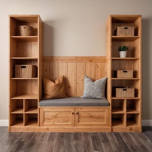 May include: A wooden storage unit with a built-in bench, shelves, and cabinets. The unit is made of light-colored wood and features woven baskets on the shelves. A gray cushion and pillows adorn the bench. The unit is designed for home organization.