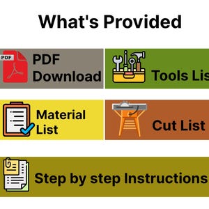 Pu&ograve; includere: Immagine con il testo "What's Provided" e icone che rappresentano un download PDF, un elenco di strumenti, un elenco di materiali, un elenco di tagli e istruzioni passo passo.
