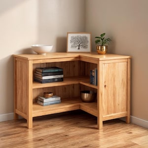 May include: A light-coloured wooden corner bookshelf with multiple shelves. The shelves hold books, a decorative bowl, and a small plant in a gold pot. A framed tree art piece sits on top.