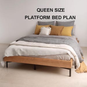 Plano de cama Queen con plataforma DIY, cama Queen moderna con plataforma, cama con plataforma sólida, cama de perfil bajo, marco de cama, planos de carpintería
