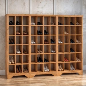 Può includere: Una scarpiera in legno marrone chiaro con più scomparti, riempita con vari stili di scarpe. La scarpiera è in legno e ha un design semplice e funzionale. Le scarpe sono di diversi colori e stili.