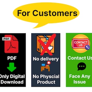 May include: Image with the text "For Customers" in a yellow speech bubble. Below are three icons: a PDF document with a download arrow, a package with a red X, and a "Contact Us" button. Text includes "Only Digital Download", "No Physical Product", and "Face Any Issue".