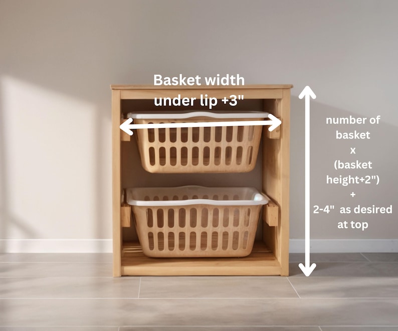 May include: A wooden storage unit with two beige plastic baskets. The text indicates how to measure the basket width and overall height. The baskets are designed to fit inside the unit.